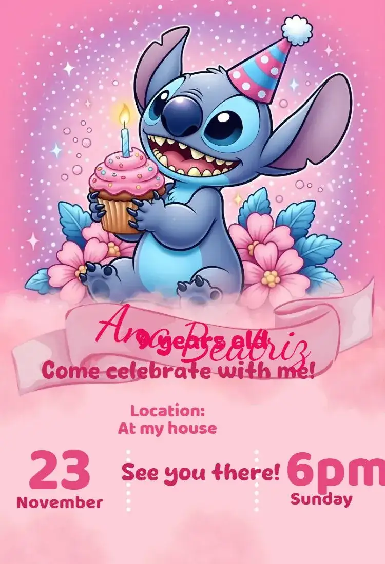 Invitation Stitch digital invitation – Birthday theme kawaii, colorful, modern, childish, fun