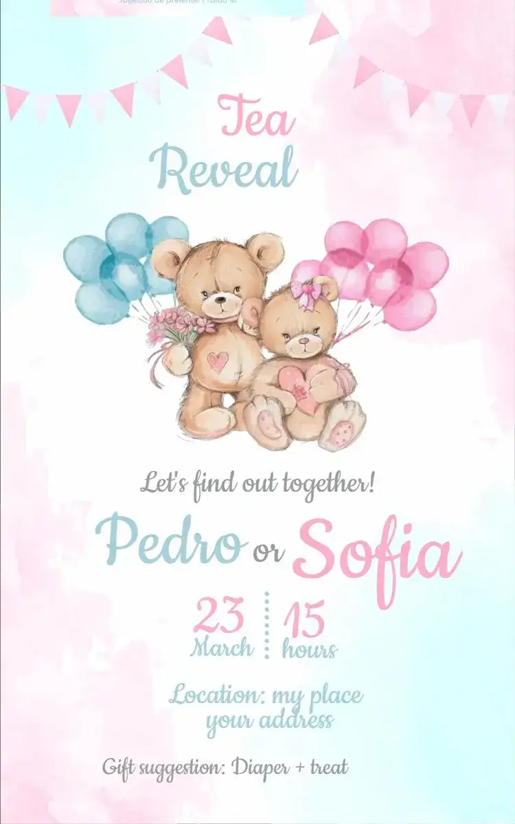 Invitation Gender Reveal Tea 1 – Diaper Shower theme watercolor, teddy bears, pink and blue, fun, childlike, balloons
