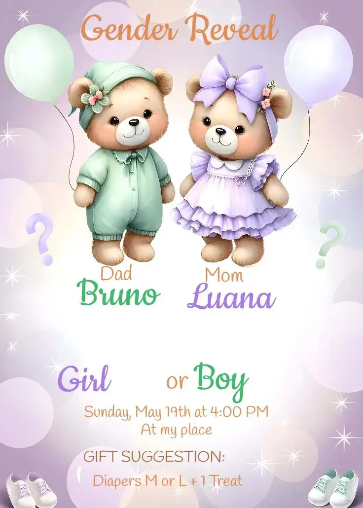 Invitation Purple Teddy Bears Gender Reveal – Kids' Birthday Party theme teddy bears, purple, green, fun, childish, colorful