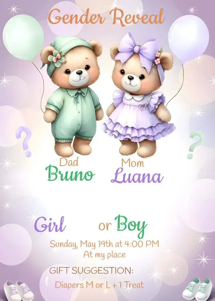 Purple Teddy Bears Gender Reveal invitation