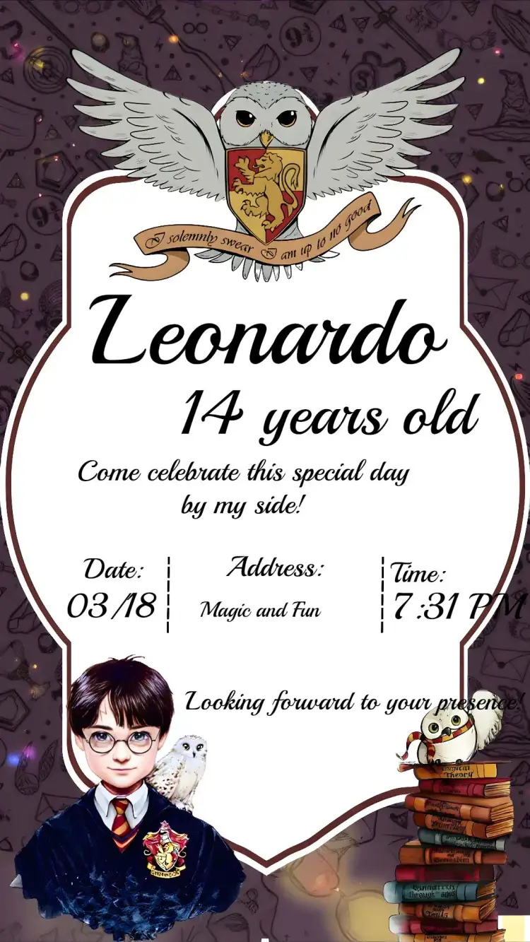Invitation Harry Potter Gryffindor – Kids' Birthday Party theme red and gold, magic, Harry Potter universe, witchcraft graphic elements, children's adventure