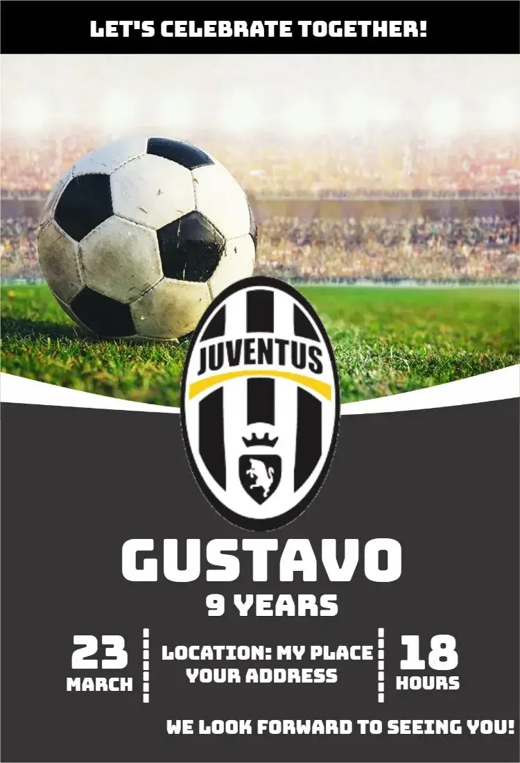 Invitation Juventus 5 – Birthday theme football, modern, vibrant, sporty, colorful, dynamic