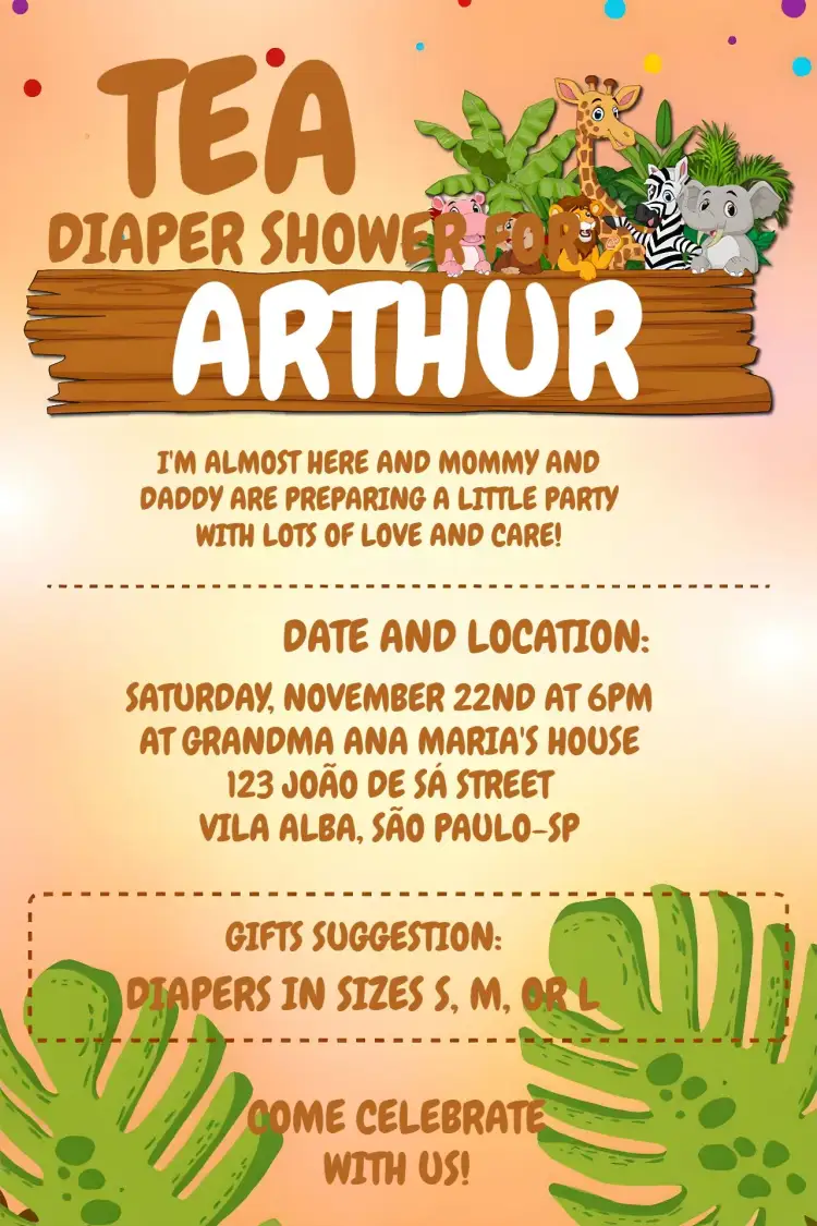 Invitation Safari Animals Diaper Party – Diaper Shower theme colorful, animals, jungle, playful, tropical, fun