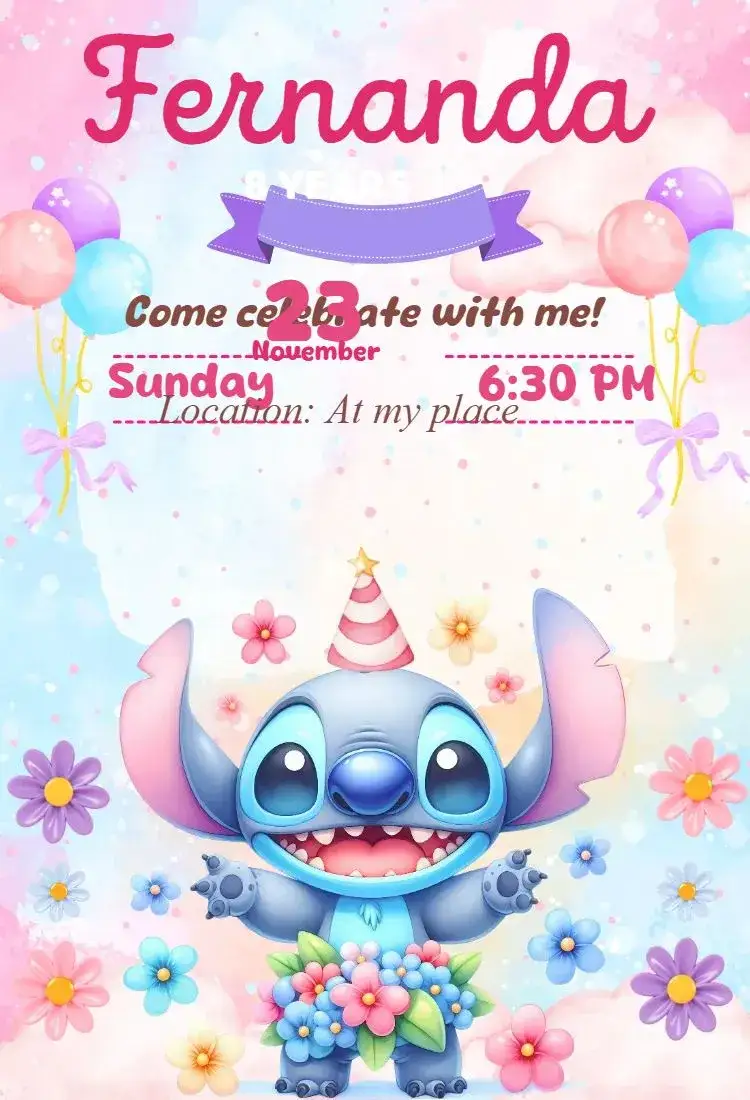 Invitation Stitch digital invitation – Birthday theme blue, kawaii, modern, lively, cute