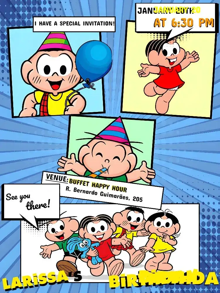Invitation Turma Da Mônica Red Comics – Kids' Birthday Party theme colorful, comics-themed, childish, fun, vibrant