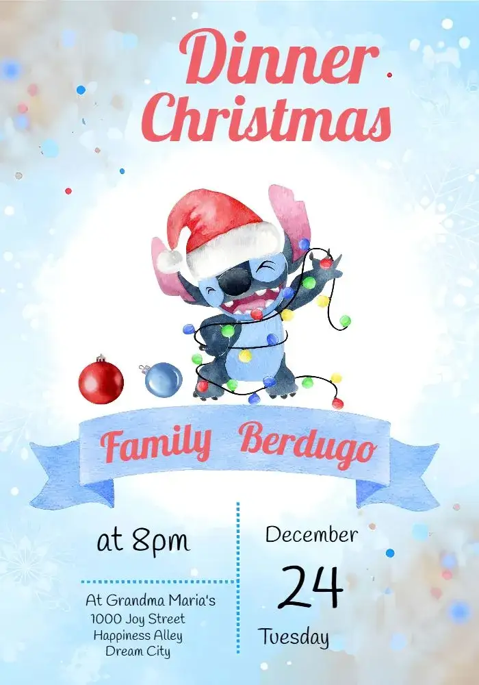 Invitation Christmas Stitch Dinner Party – Commemorative Dates theme watercolor, festive, colorful, fun-filled, Disney-themed, tropical