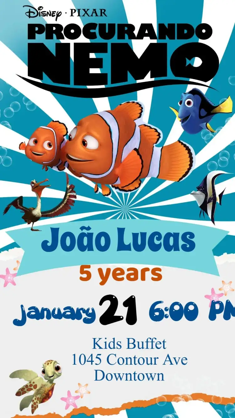 Invitation Finding Nemo – Kids' Birthday Party theme navy blue, colorful, fun, fish illustrations, cartoon style, underwater theme