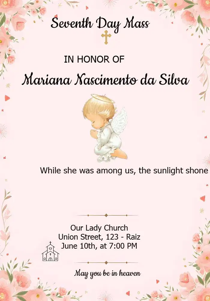 Invitation Seventh Day Mass Little Angel Religious – Commemorative Dates theme floral, delicate, light, religious, minimalist, soft