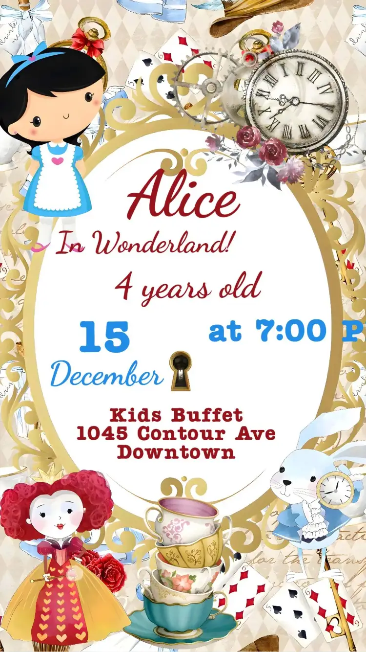 Invitation Alice in Wonderland – Kids' Birthday Party theme colorful, fantasy, playful illustrations, vintage style, graphic elements from the story