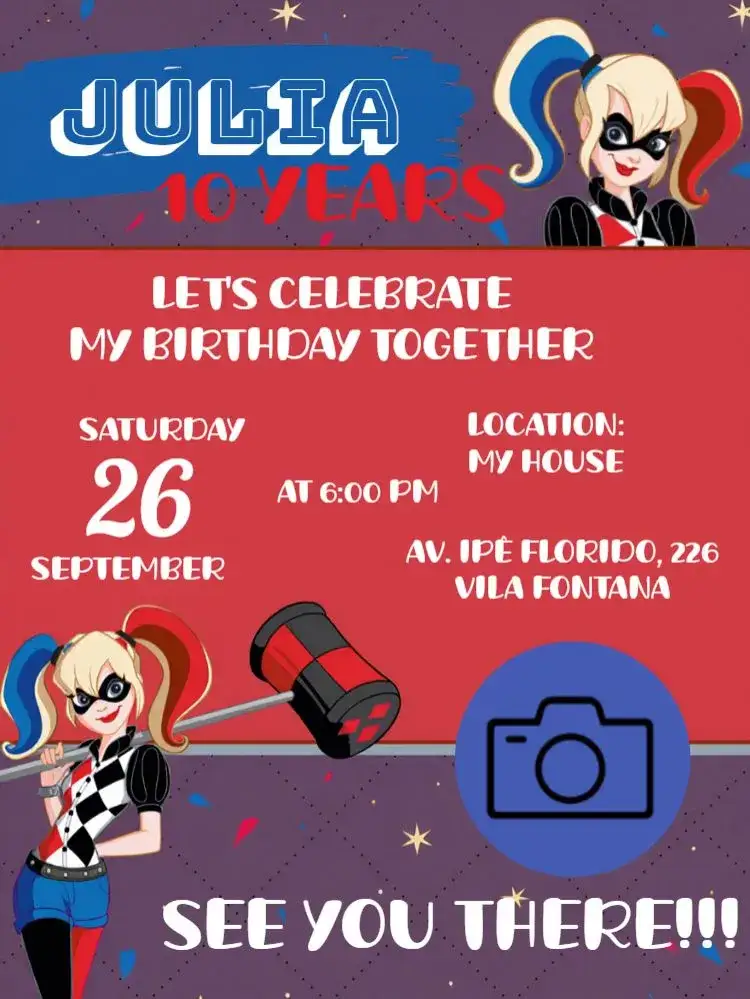 Invitation Harley Quinn With Joker Photo – Kids' Birthday Party theme colorful, themed, fun, modern, childish, cheerful