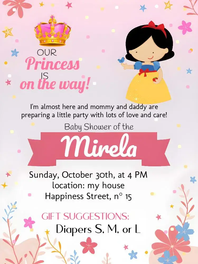 Invitation Snow White Baby Shower – Diaper Shower theme pink and white, princess, crown, children's theme, modern, elegant