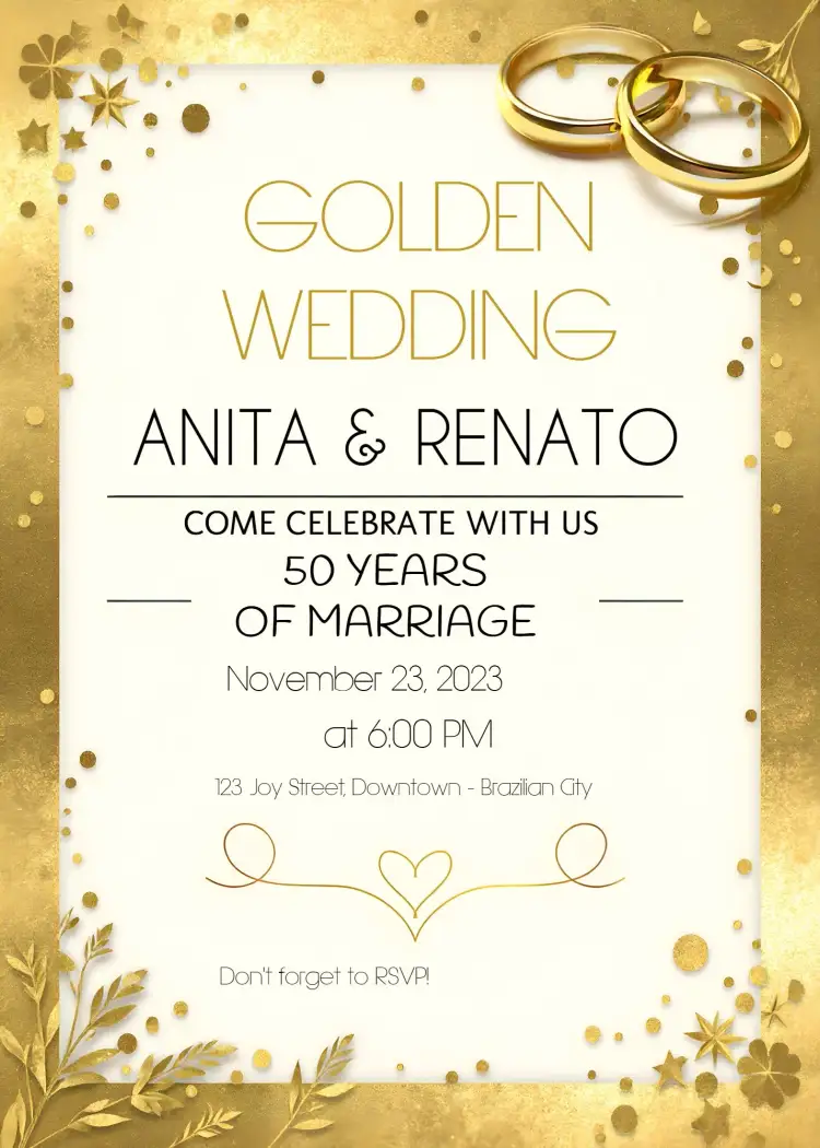 Invitation Golden Golden Wedding Anniversary - 50 Years Marriage Alliance – Sweet 15 theme golden, elegant, romantic, classic, sophisticated