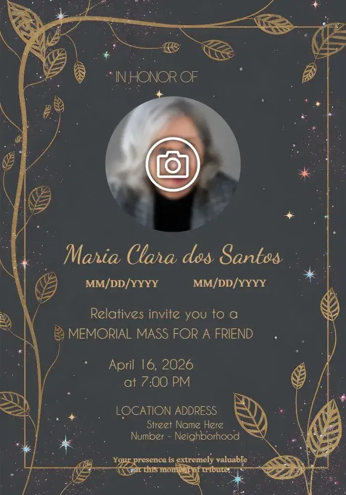 Invitation Funeral Mass With Photo Cross – Commemorative Dates theme gray, black, gold, minimalist, elegant, subtle