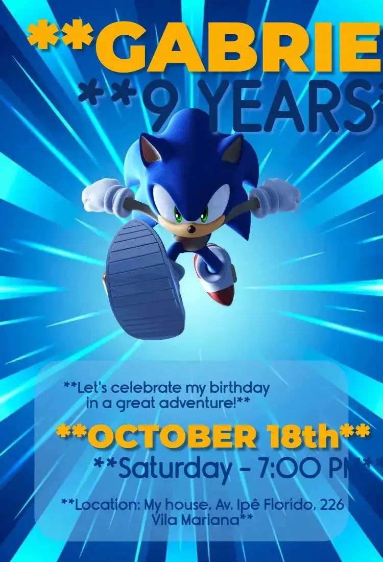 Invitation Sonic the Movie – Kids' Birthday Party theme vibrant blue, modern style, racing graphic elements, character illustrations, dynamic design, adventure theme