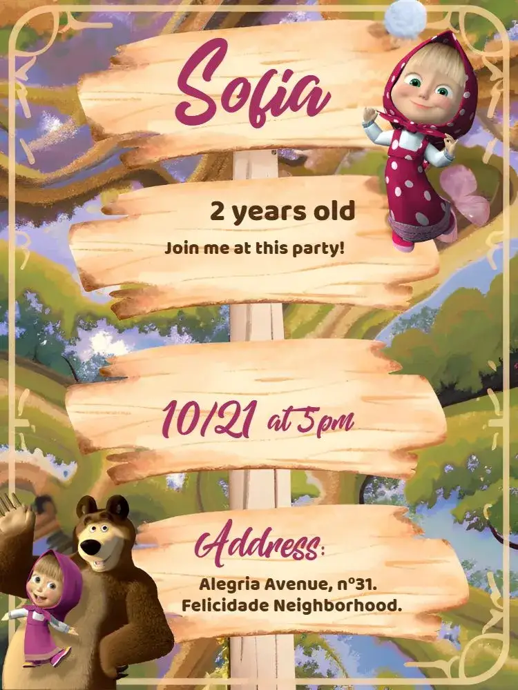 Invitation Masha And The Bear Animals – Most searched for theme forest, animals, rustic, colorful, themed, fun