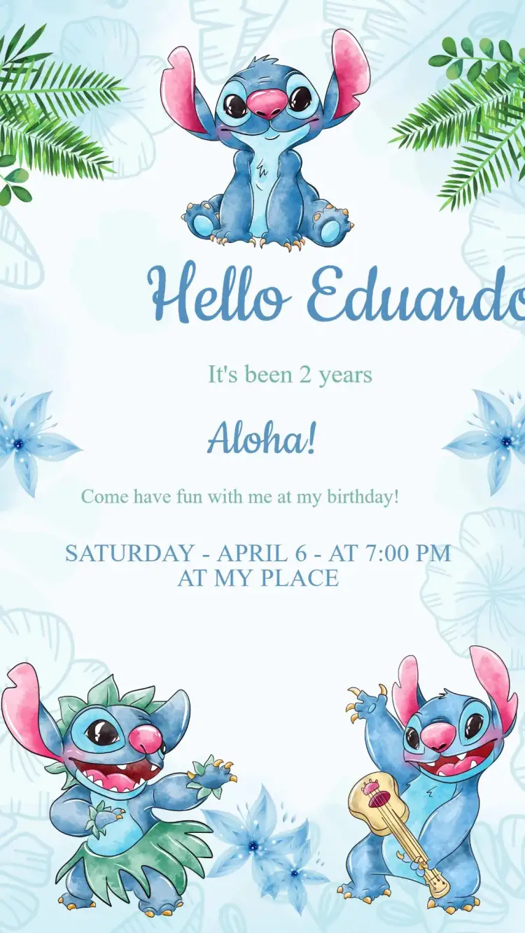 Invitation Stitch Birthday Invitation – Kids' Birthday Party theme tropical, hawaiian, colorful, fun-filled, themed, watercolor