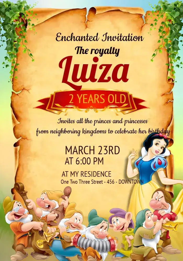 Invitation Snow White And The Seven Dwarfs Grumpy – Most searched for theme colorful, fantasy-themed, Disney, children's, fun illustrations
