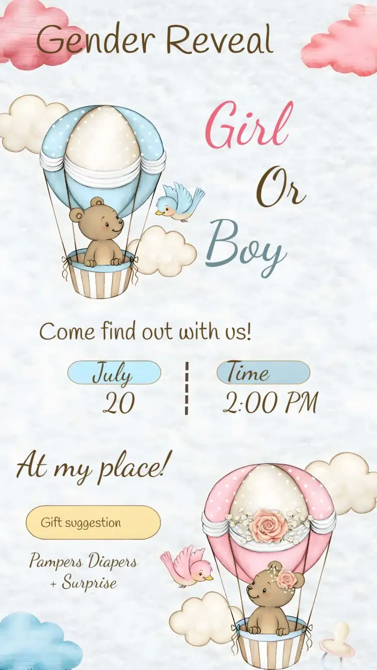 Invitation Bear Balloonists Gender Reveal Tea Invitation – Gender Reveal theme Bear theme, Balloons, Blue and pink, Festive, Childish