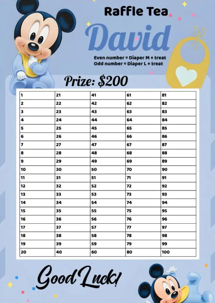 Invitation Mickey Mouse Baby Names Raffle Tea – Raffle Tea theme Mickey Mouse, blue and white, golden, fun, childish, modern