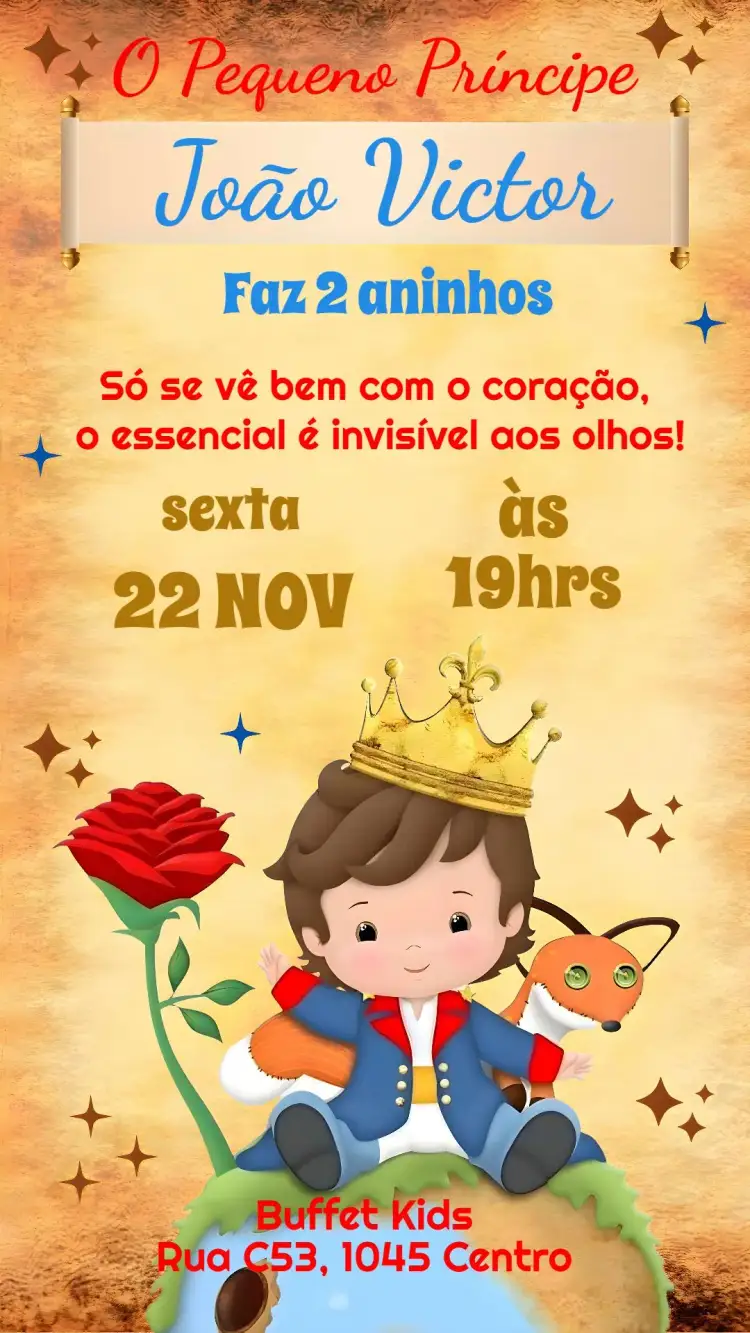 Invitation The Little Prince – Kids' Birthday Party theme childish illustrations, soft colors, playful style, fantasy elements, modern design, charming details