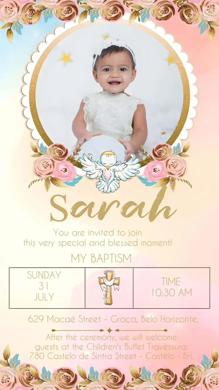 Invitation Christening Baptism Little Angel With Photo Flowers – First Communion theme floral, golden, pink, religious, delicate, childish