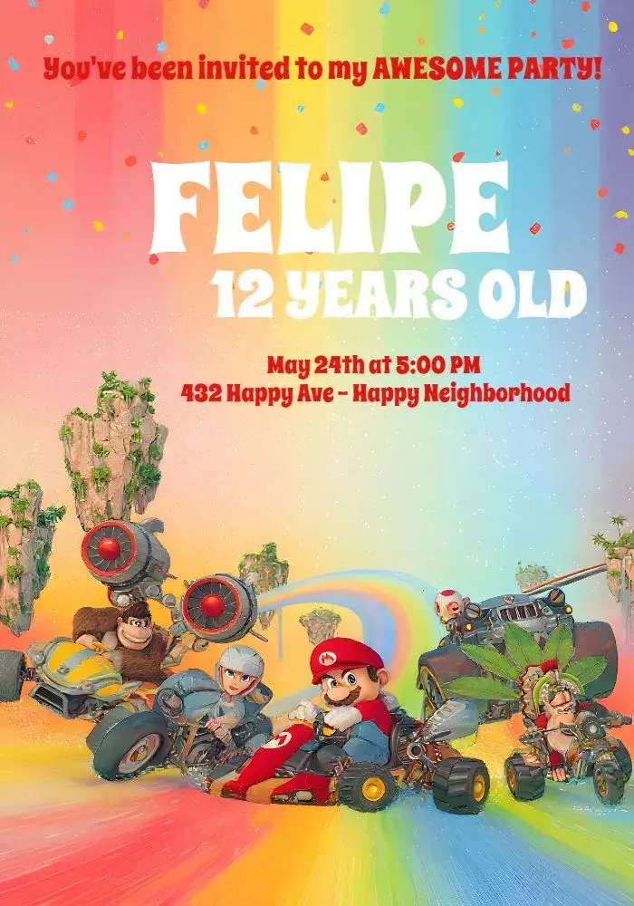 Invitation Mario Kart Bros – Birthday theme colorful, games, children's, entertainment, vibrant, themed