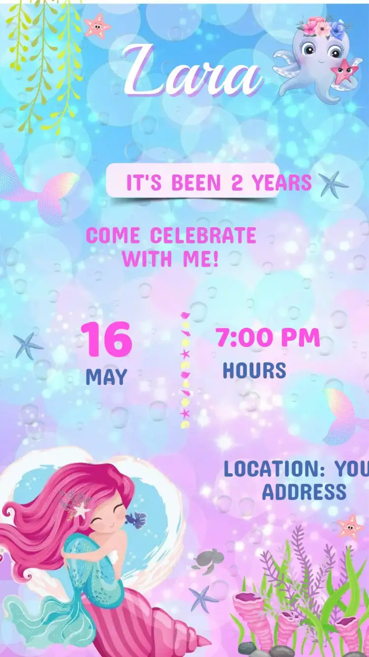 Invitation Mermaid Under the Sea Birthday Invitation – Kids' Birthday Party theme nautical, colorful, playful, fantasy, tropical