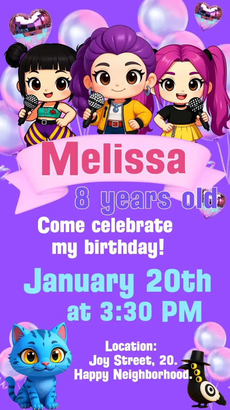 Invitation Warriors of K-Pop Birthday – Kids' Birthday Party theme colorful, modern, K-Pop inspired, fun, warrior illustrations, musical theme