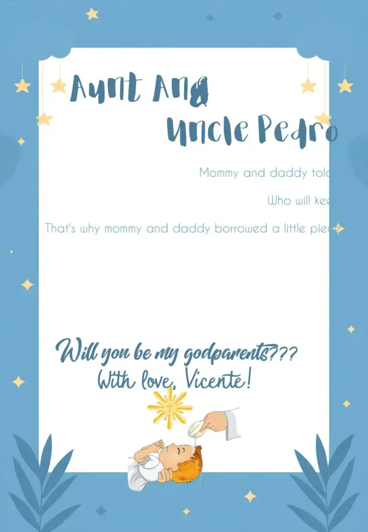 Invitation Blue Baptism Godparents – First Communion theme soft blue, Catholic elements, angels, modern, delicate illustration