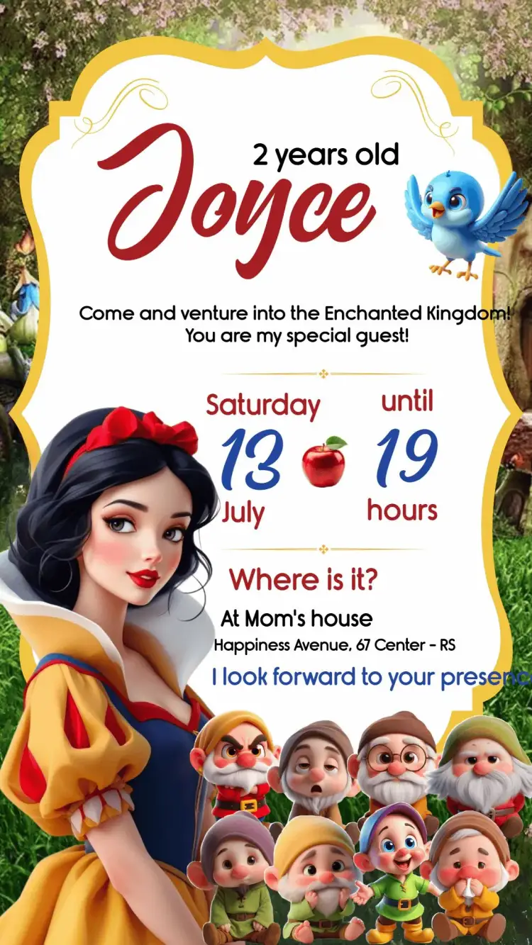 Invitation Snow White Princess – Most searched for theme colorful, fantasy, childish illustrations, Disney style, magical, fun