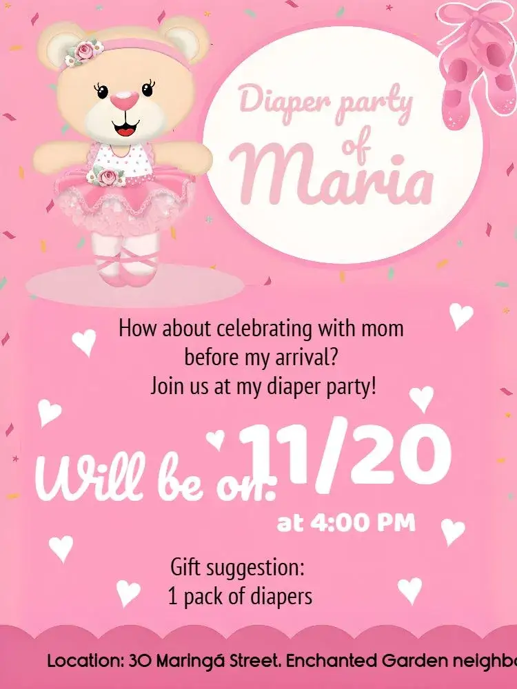 Invitation Baby Shower Ballerina Bear Tea – Diaper Shower theme pink, white, floral, ballet, children's, delicate