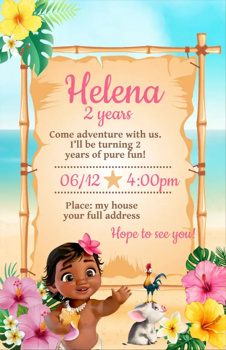 Invitation Moana Baby Invitation – Kids' Birthday Party theme tropical, floral, colorful, kids, aqua, adventure