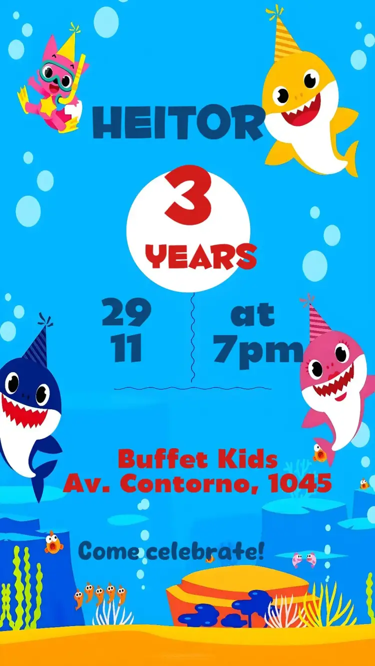 Invitation Baby Shark – Kids' Birthday Party theme vibrant colors, playful style, marine elements, cheerful design, inspired by drawings, fun graphics
