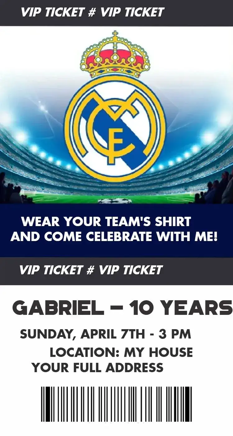 Invitation Real Madrid ticket – Birthday theme soccer, contemporary, sporty, dynamic, themed