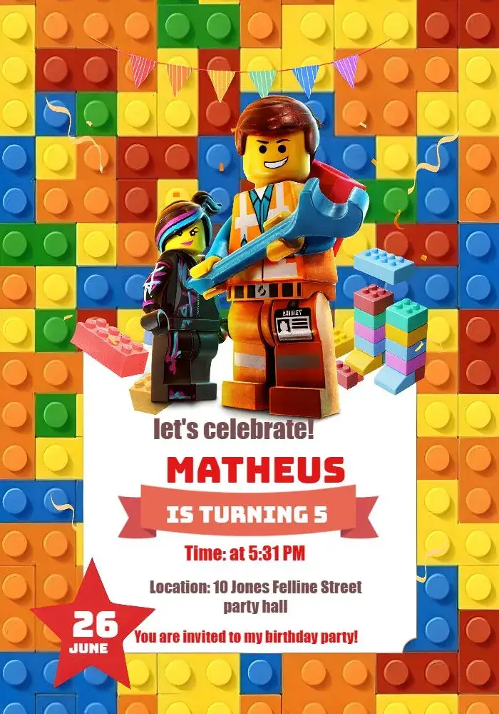 Invitation Lego – Kids' Birthday Party theme colorful, playful, fun, toys, childlike