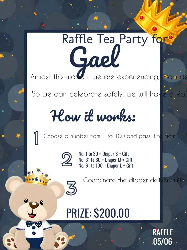 Invitation Prince Teddy Bear Raffle Tea Party – Raffle Tea theme blue, white, golden, modern, playful, childish