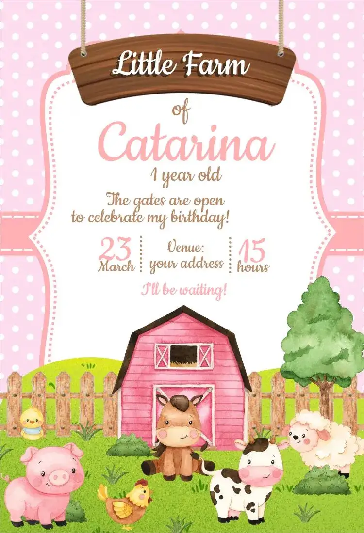 Invitation Farm Girl 1 – Birthday theme pink, watercolor, animals, farm theme, kids, fun