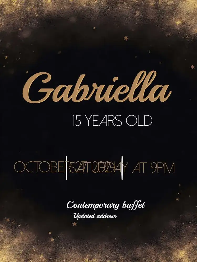 Invitation 15th Glitter Name – Sweet 15 theme glitter, golden, yellow, gray, stars, modern
