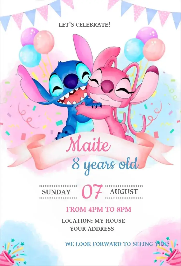 Invitation Stitch and Angel 4 – Birthday theme watercolor, children's, vibrant colors, modern, playful characters, unisex style