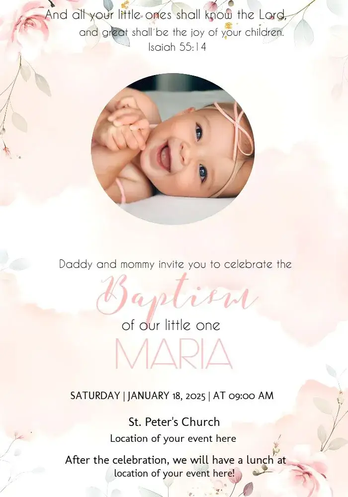 Invitation Floral Baptism With Delicate Photo – First Communion theme floral, delicate, romantic, soft, modern