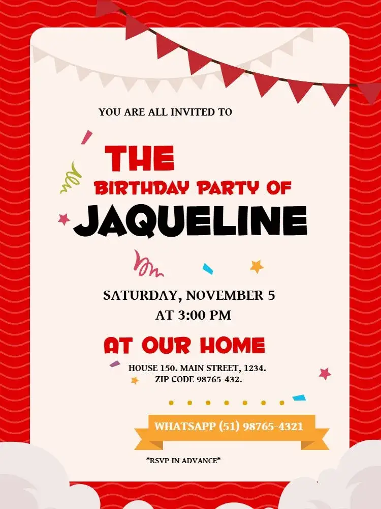 Invitation Red Red – Kids' Birthday Party theme vibrant red, stars, playful design, festive style, fun graphic elements, modern style