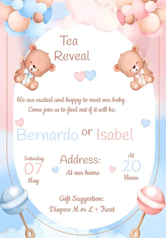 Invite Cute Balloon Bear Gender Reveal Party editable and customizable