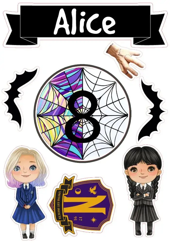 Invitation Topo De Bolo Wednesday Wandinha Addams White – Cake topper theme gothic, modern, dark, minimalist, black and white