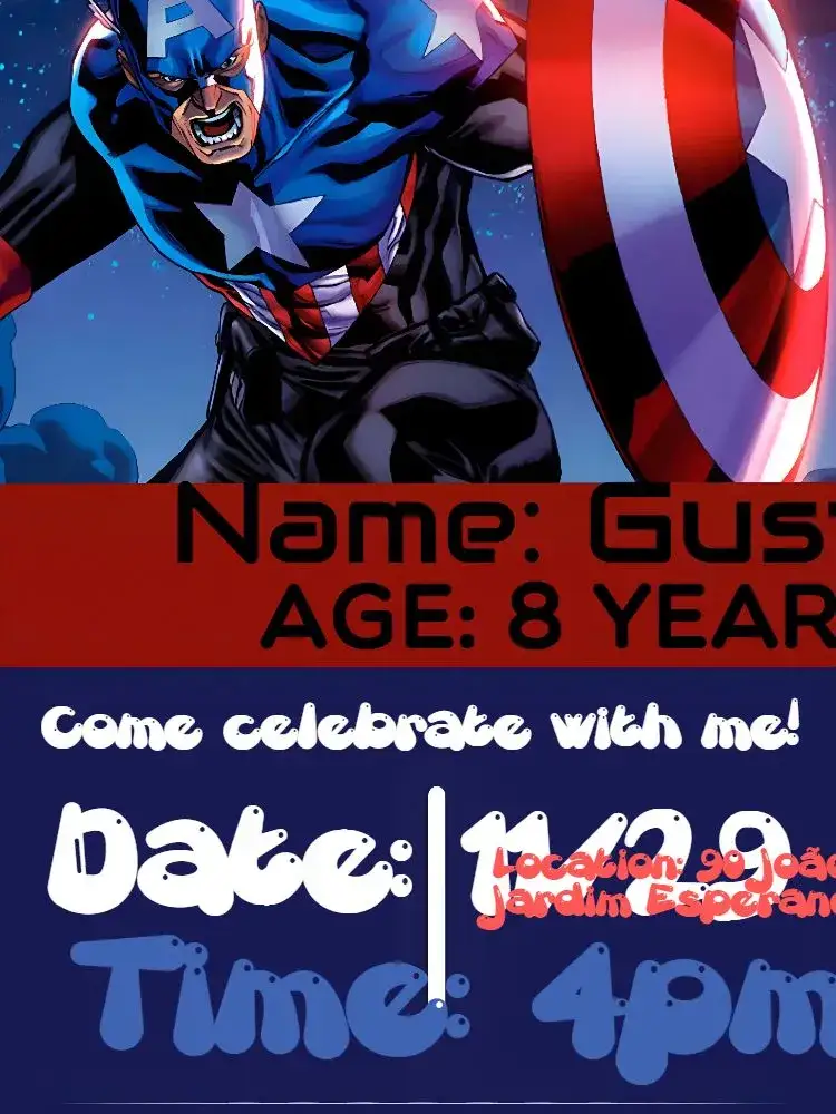 Invitation Captain America Avengers – Kids' Birthday Party theme superheroes, colorful, fun, modern, dynamic, childish