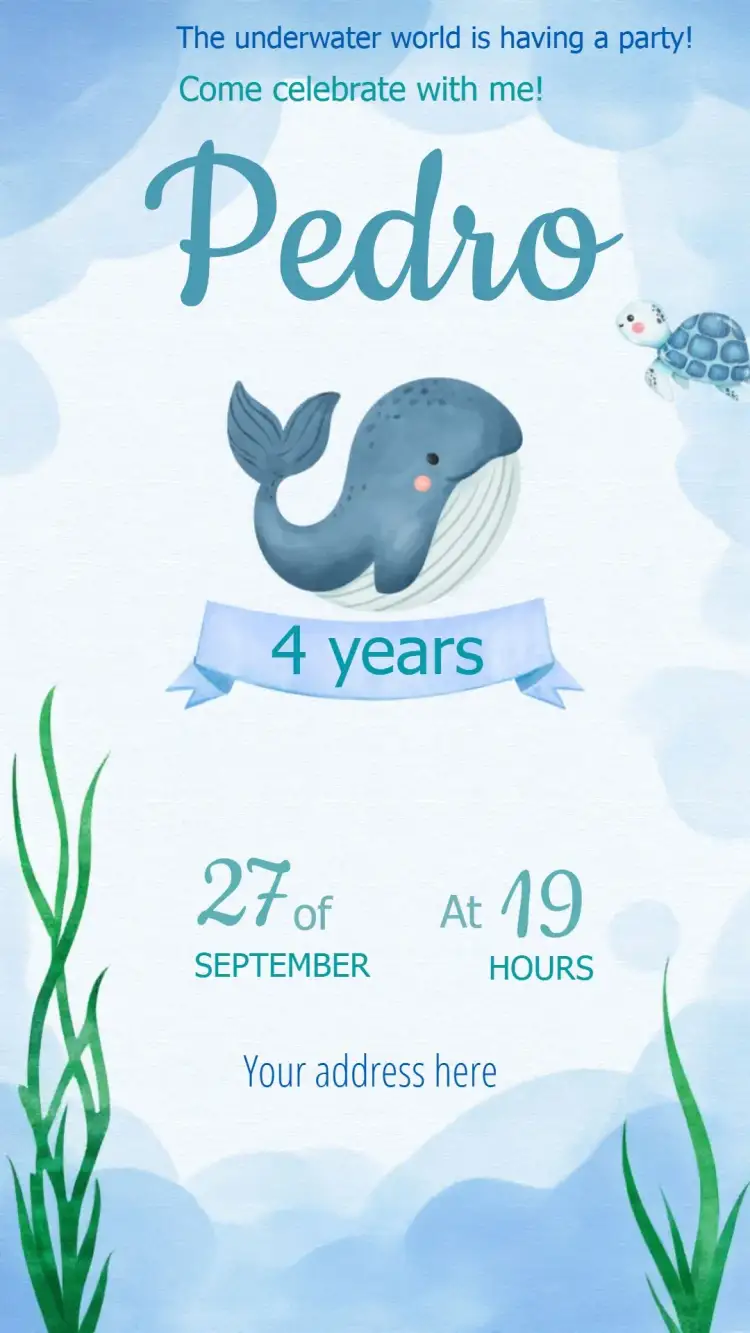 Invitation Under the Sea Whale – Kids' Birthday Party theme navy blue, colorful, watercolor, playful, fun, themed