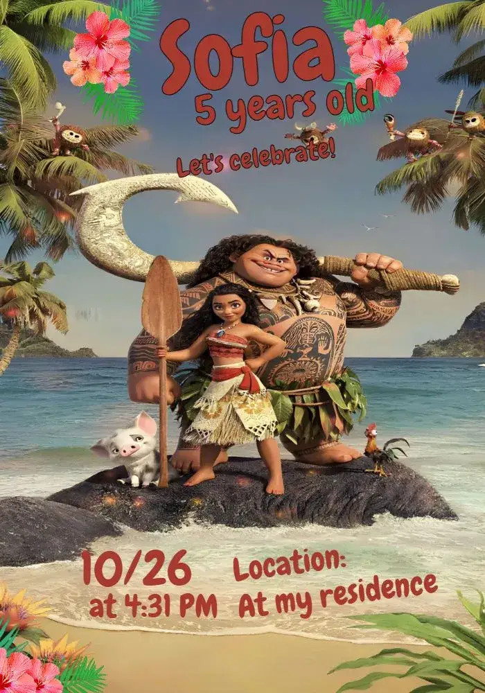 Invitation Moana – Most searched for theme tropical, colorful, Polynesian, fun-filled, nautical, adventure