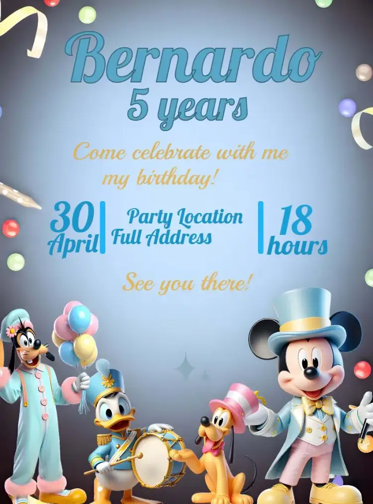 Invitation Mickey Mouse Circus Crew Pluto – Kids' Birthday Party theme colorful, fun, circus-themed, Disney characters, fun style, circus theme