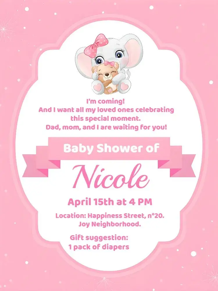 Invitation Elephant Baby Shower – Bridal Shower theme pink, white, elephant, fun, childlike, colorful