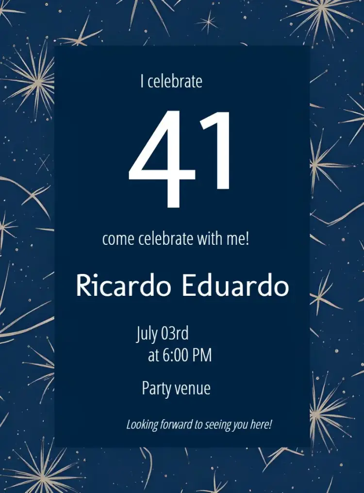 Invite 40 Years Navy Blue Adult Man editable and customizable