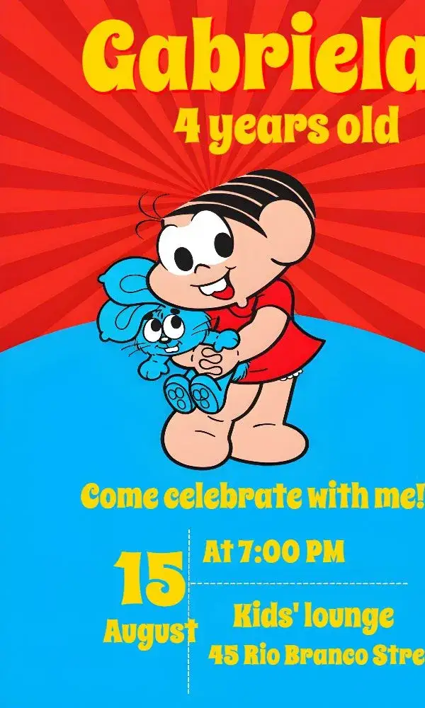 Invitation Monica's Gang – Kids' Birthday Party theme colorful, childlike, fun, Mônica illustrations, vibrant, playful